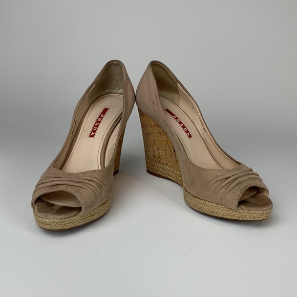 Prada Velvet Suede Wedge Peep Toe Cork Espadrille Blush sz 36.5 - Picture 1 of 7